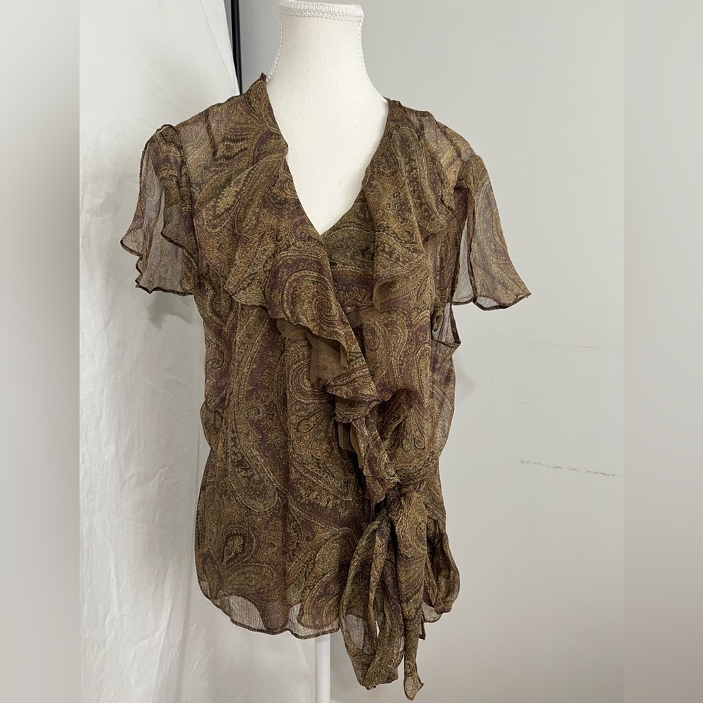 Ralph Lauren Brown Paisley Ruffle Tie Blouse